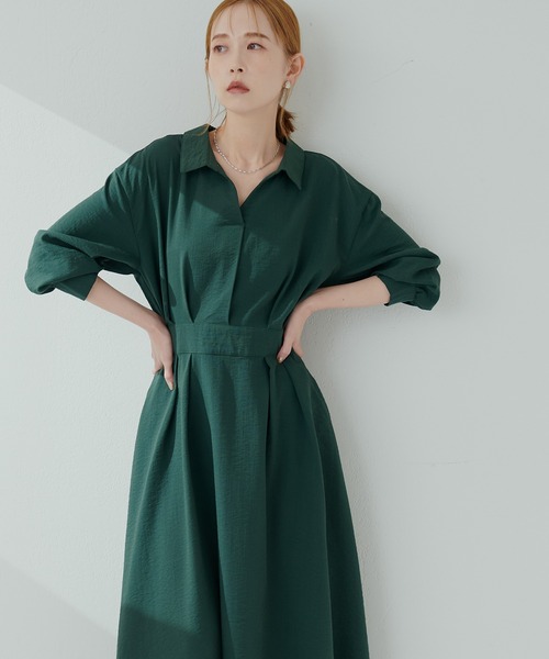 natural couture(ナチュラルクチュール)の「スキッパー衿7分袖ワンピース(ワンピース・レディース・その他2/ブラック/モカ/グリーン/ラベンダー/ドット・FREE)」の5枚目の写真