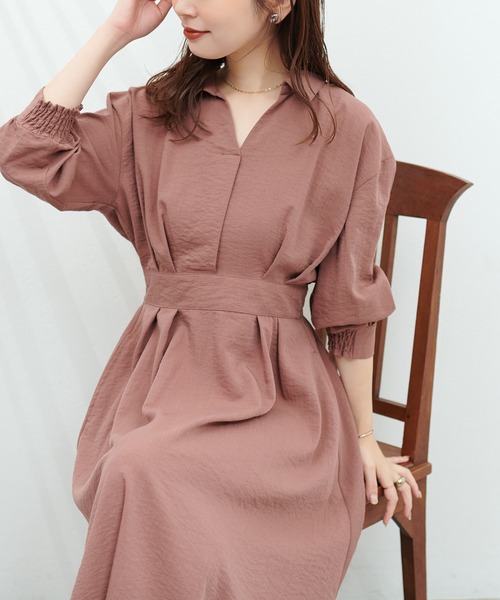 natural couture(ナチュラルクチュール)の「スキッパー衿7分袖ワンピース(ワンピース・レディース・その他2/ブラック/モカ/グリーン/ラベンダー/ドット・FREE)」の4枚目の写真