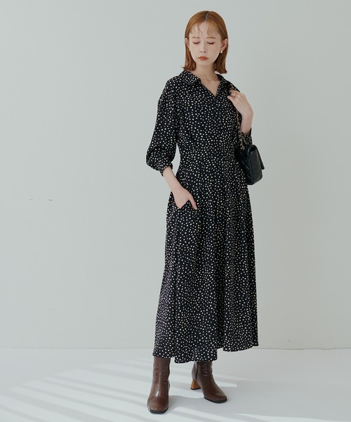 natural couture(ナチュラルクチュール)の「スキッパー衿7分袖ワンピース(ワンピース・レディース・その他2/ブラック/モカ/グリーン/ラベンダー/ドット・FREE)」の12枚目の写真