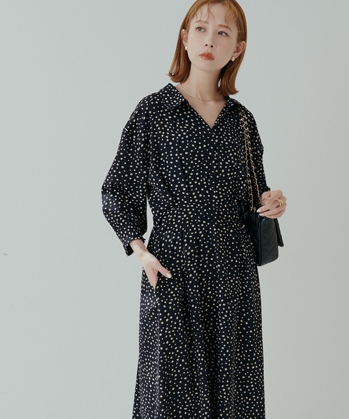 natural couture(ナチュラルクチュール)の「スキッパー衿7分袖ワンピース(ワンピース・レディース・その他2/ブラック/モカ/グリーン/ラベンダー/ドット・FREE)」の13枚目の写真
