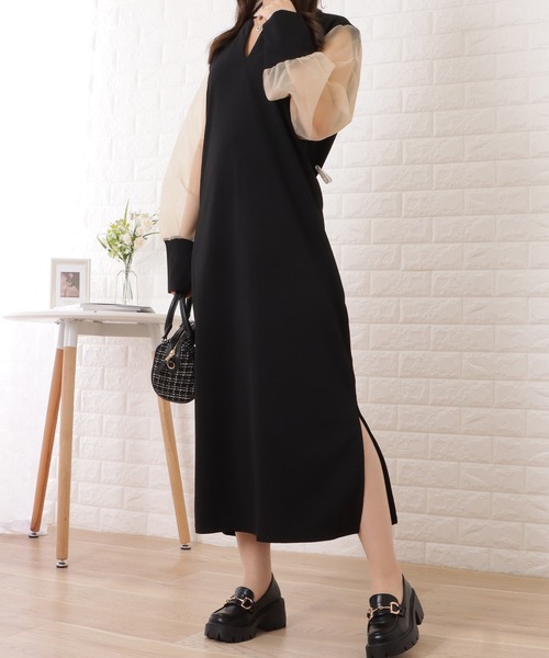 Lace Ladies(レースレディース)の「チュールドッキングスキッパーロングワンピース(ワンピース・レディース・ベージュ/ブラック・M/XL)」の4枚目の写真