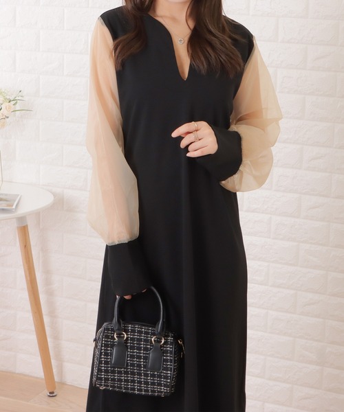 Lace Ladies(レースレディース)の「チュールドッキングスキッパーロングワンピース(ワンピース・レディース・ベージュ/ブラック・M/XL)」の5枚目の写真