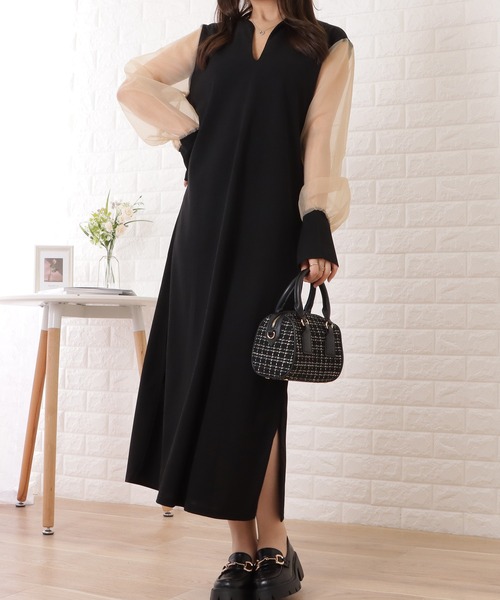 Lace Ladies(レースレディース)の「チュールドッキングスキッパーロングワンピース(ワンピース・レディース・ベージュ/ブラック・M/XL)」の7枚目の写真