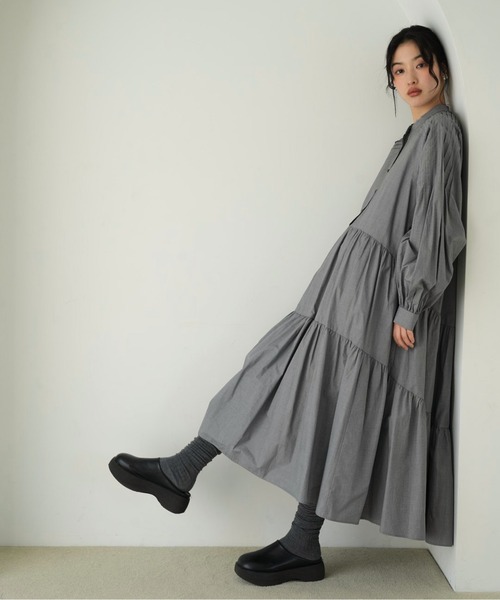 セール】ボリューム ティアード ワンピース プリーツ ロング ドレス