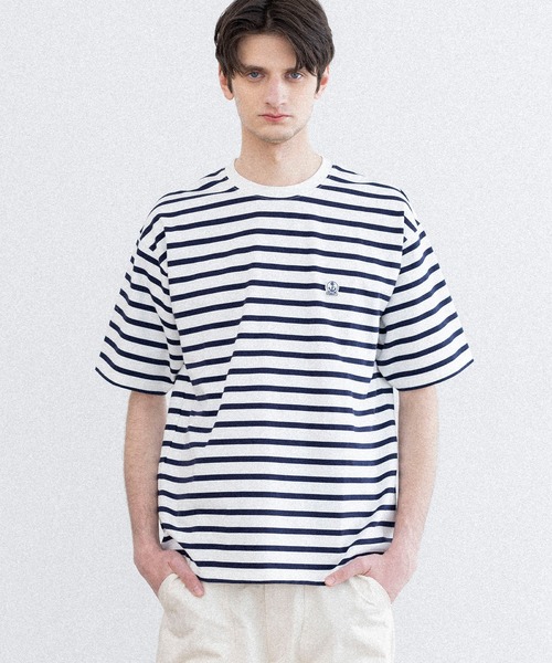 FIDELITY（フィデリティ）の「BORDER S/S CREW / 半袖ボーダークルーネックシャツ（Tシャツ/カットソー・メンズ・ブルー/オフホワイト/ダークネイビー/イエロー/キナリ/チャコール・X-LARGE/LARGE/MEDIUM）」の2枚目の写真