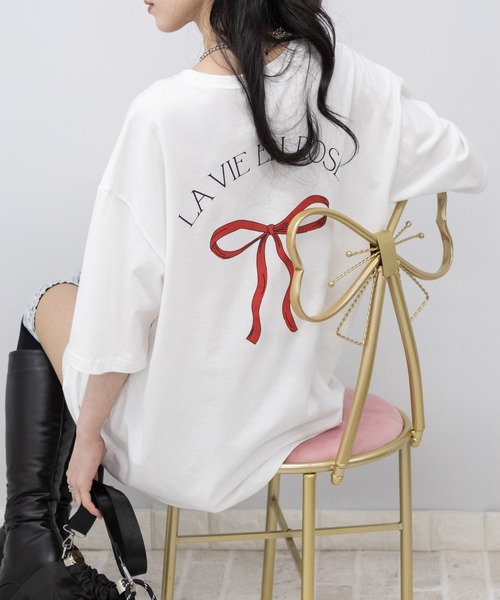 pumpkin port(パンプキンポート)の「リボンプリントBIGサイズ半袖 Tシャツ(Tシャツ/カットソー・レディース・ホワイト/チャコールグレー/グレー・FREE)」の4枚目の写真