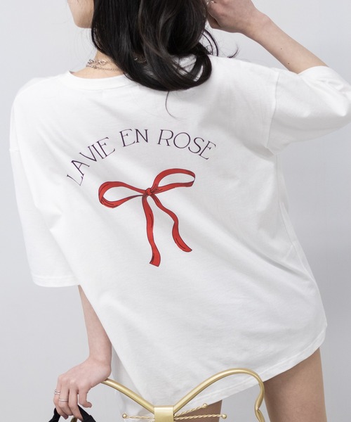 pumpkin port(パンプキンポート)の「リボンプリントBIGサイズ半袖 Tシャツ(Tシャツ/カットソー・レディース・ホワイト/チャコールグレー/グレー・FREE)」の5枚目の写真