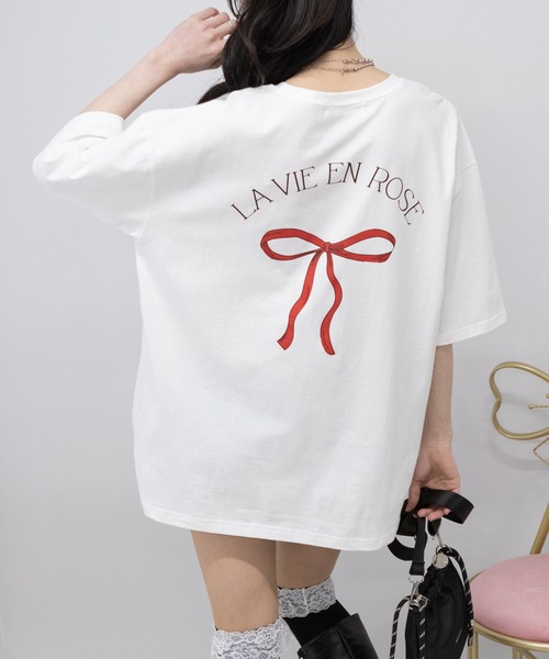 pumpkin port(パンプキンポート)の「リボンプリントBIGサイズ半袖 Tシャツ(Tシャツ/カットソー・レディース・ホワイト/チャコールグレー/グレー・FREE)」の6枚目の写真