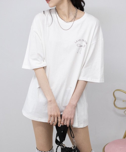 pumpkin port(パンプキンポート)の「リボンプリントBIGサイズ半袖 Tシャツ(Tシャツ/カットソー・レディース・ホワイト/チャコールグレー/グレー・FREE)」の7枚目の写真