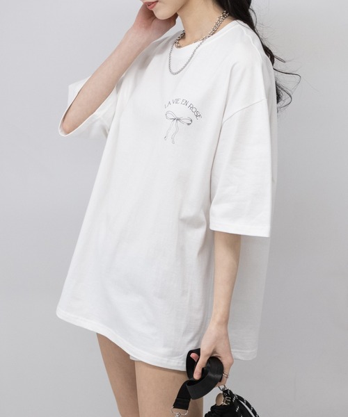 pumpkin port(パンプキンポート)の「リボンプリントBIGサイズ半袖 Tシャツ(Tシャツ/カットソー・レディース・ホワイト/チャコールグレー/グレー・FREE)」の10枚目の写真