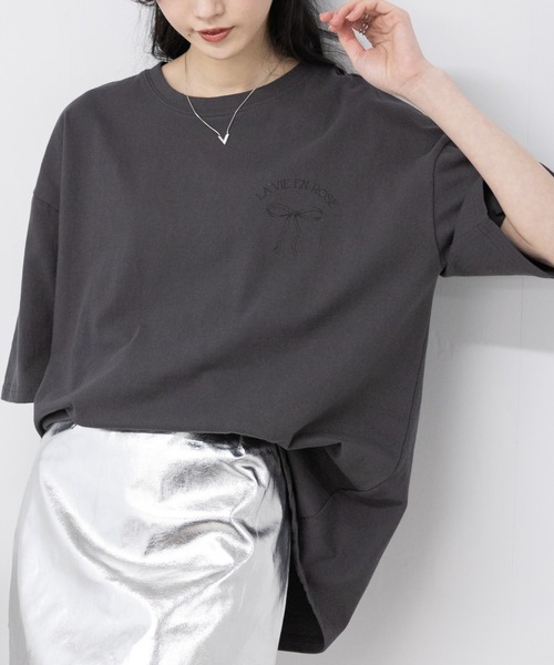 pumpkin port(パンプキンポート)の「リボンプリントBIGサイズ半袖 Tシャツ(Tシャツ/カットソー・レディース・ホワイト/チャコールグレー/グレー・FREE)」の15枚目の写真