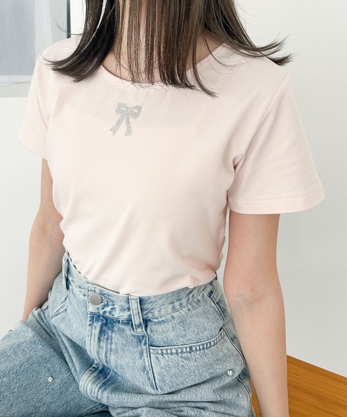 Heather(ヘザー)の「ラインストーンリボンTEE 118728(Tシャツ/カットソー・レディース・ブラック/ピンク/ホワイト・FREE)」の3枚目の写真
