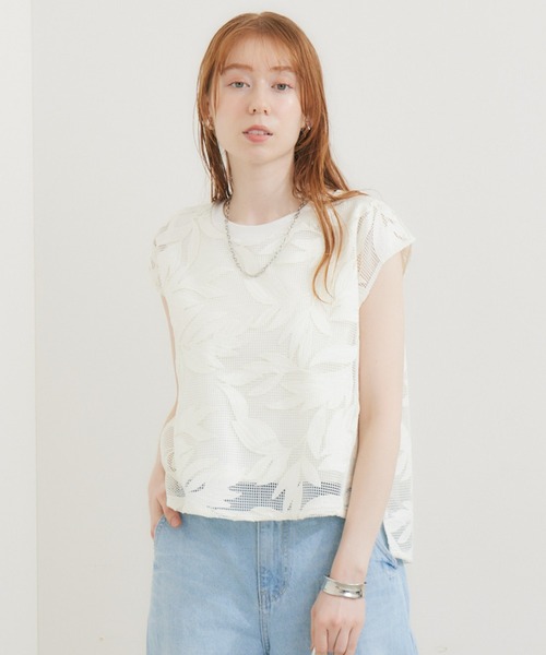 malla（マーラ）の「malla メッシュレース天竺プルオーバー（Tシャツ/カットソー・レディース・ホワイト/ブルー・FREE）」の2枚目の写真