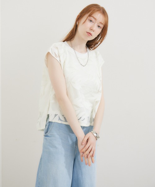 malla（マーラ）の「malla メッシュレース天竺プルオーバー（Tシャツ/カットソー・レディース・ホワイト/ブルー・FREE）」の6枚目の写真