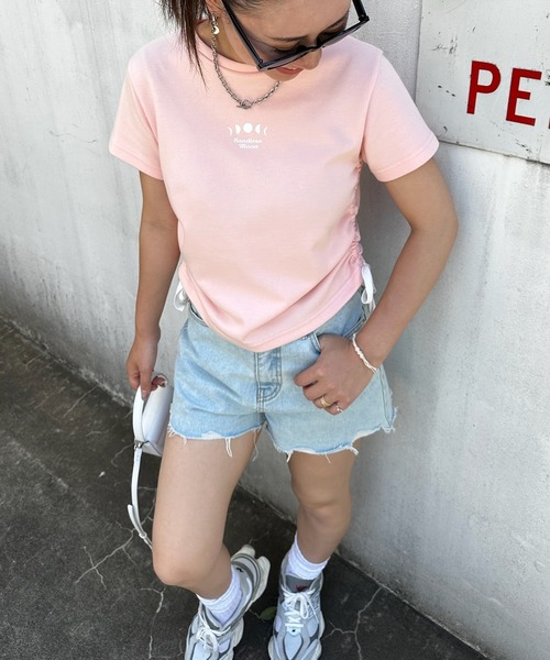 sandlessmoon(サンドレスムーン)の「サイドリボンTシャツ(Tシャツ/カットソー・レディース・ピンク/ホワイト・FREE)」の11枚目の写真