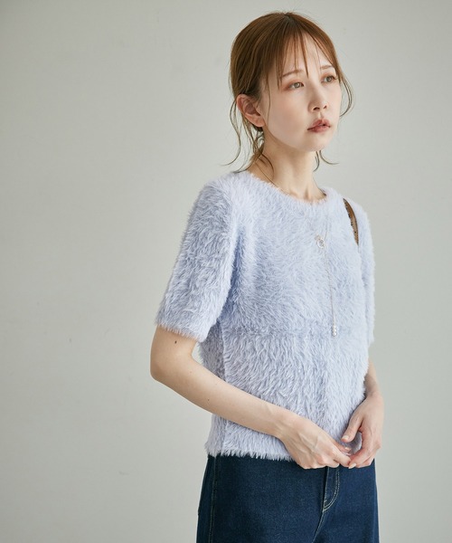 ROPE' PICNIC(ロペピクニック)の「ショートフェザー半袖ニットプルオーバー(ニット/セーター・レディース・サックスブルー/ブラウン/ライトグレー/ピンク系その他2・38)」の5枚目の写真