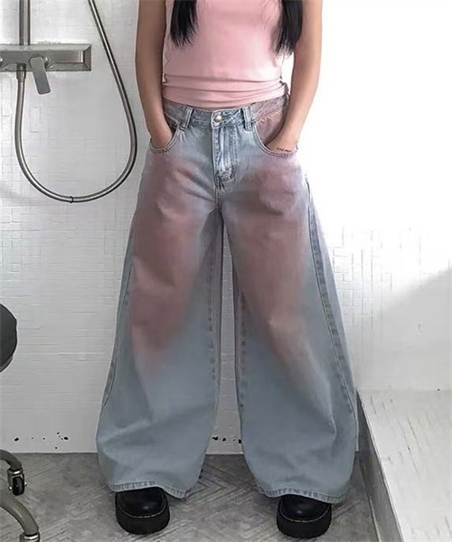 セール】ピンクウォッシュ加工ワイドデニムパンツ（デニムパンツ