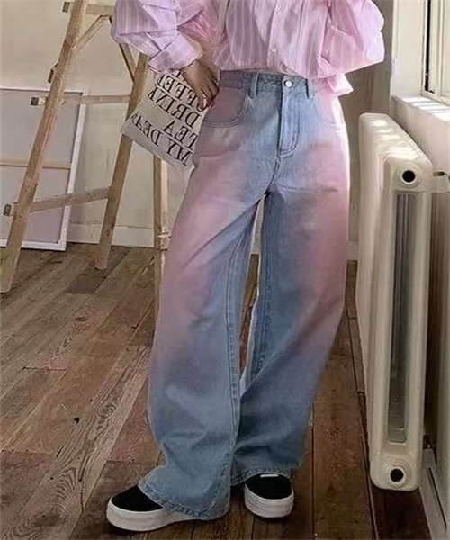 セール】ピンクウォッシュ加工ワイドデニムパンツ（デニムパンツ