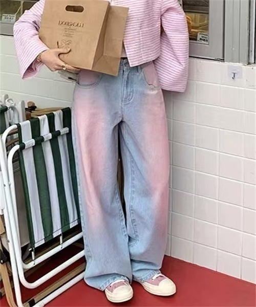 セール】ピンクウォッシュ加工ワイドデニムパンツ（デニムパンツ
