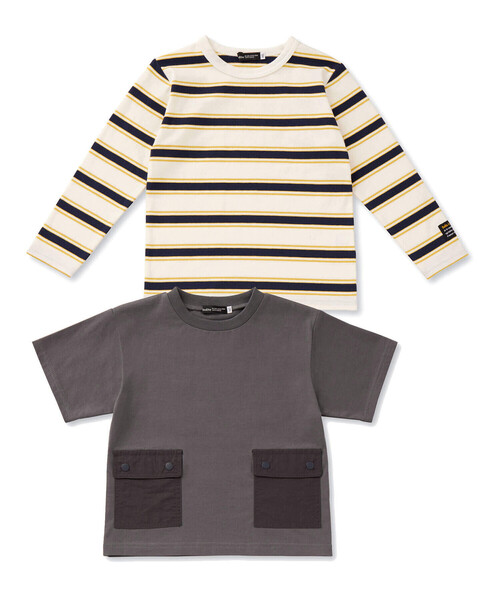 【セール】サイドポケット半袖Tシャツ+ボーダー長袖Tシャツセット(90~150cm)（Tシャツ/カットソー）｜BeBe（ベベ）