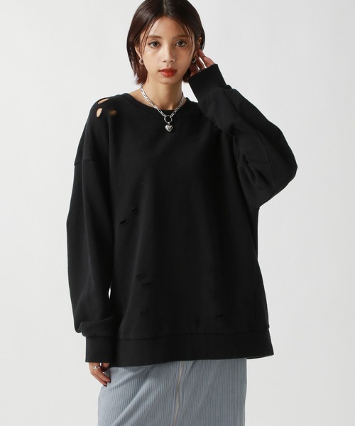 PAGEBOY（ページボーイ）の「ダメージBIGスウェット（スウェット・レディース・チャコールグレー/オートミール/ピンク・FREE）」の2枚目の写真