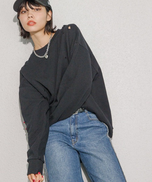 PAGEBOY（ページボーイ）の「ダメージBIGスウェット（スウェット・レディース・チャコールグレー/オートミール/ピンク・FREE）」の4枚目の写真