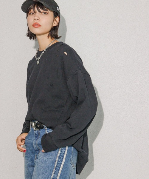 PAGEBOY（ページボーイ）の「ダメージBIGスウェット（スウェット・レディース・チャコールグレー/オートミール/ピンク・FREE）」の5枚目の写真