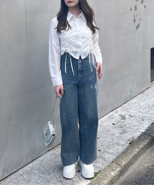 INGNI（イング）の「ドロストギャザークロップドシャツ（シャツ/ブラウス・レディース・ブラック系/ブルー/オフホワイト・M）」の9枚目の写真