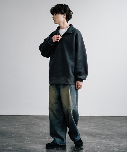 オーバーサイズ ヘビーウェイト裏起毛ハーフジップスウェット