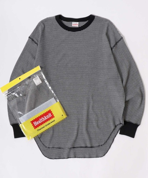 Healthknit（ヘルスニット）の「Healthknit（ヘルスニット）ベーシック ワッフル クルーネック ラウンドヘムロングスリーブTシャツ（1P）/サーマル無地・ボーダーリンガー/ロンT/長袖トップス レディース（Tシャツ/カットソー・レディース・ブラック/ブルー系その他/オフホワイト/ブラック×ホワイト/レッド系その他/カーキブラウン・M）」の4枚目の写真