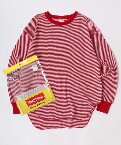Healthknit（ヘルスニット）の「Healthknit（ヘルスニット）ベーシック ワッフル クルーネック ラウンドヘムロングスリーブTシャツ（1P）/サーマル無地・ボーダーリンガー/ロンT/長袖トップス レディース（Tシャツ/カットソー・レディース・ブラック/ブルー系その他/オフホワイト/ブラック×ホワイト/レッド系その他/カーキブラウン・M）」の6枚目の写真