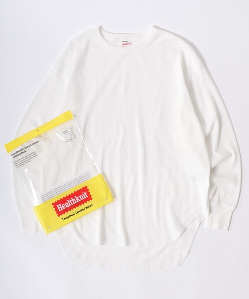 Healthknit（ヘルスニット）の「Healthknit（ヘルスニット）ベーシック ワッフル クルーネック ラウンドヘムロングスリーブTシャツ（1P）/サーマル無地・ボーダーリンガー/ロンT/長袖トップス レディース（Tシャツ/カットソー・レディース・ブラック/ブルー系その他/オフホワイト/ブラック×ホワイト/レッド系その他/カーキブラウン・M）」の2枚目の写真