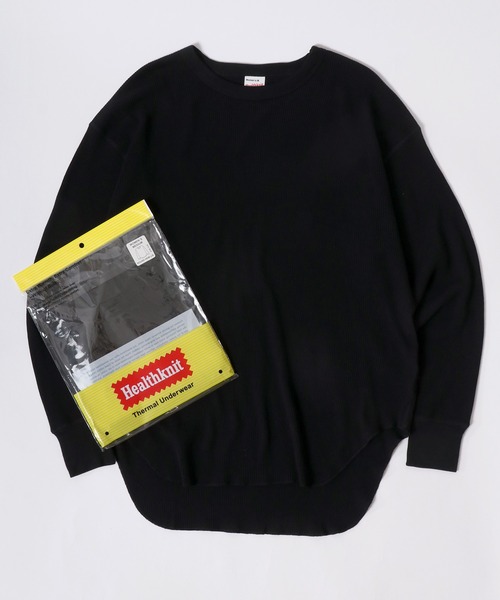 Healthknit（ヘルスニット）の「Healthknit（ヘルスニット）ベーシック ワッフル クルーネック ラウンドヘムロングスリーブTシャツ（1P）/サーマル無地・ボーダーリンガー/ロンT/長袖トップス レディース（Tシャツ/カットソー・レディース・ブラック/ブルー系その他/オフホワイト/ブラック×ホワイト/レッド系その他/カーキブラウン・M）」の3枚目の写真
