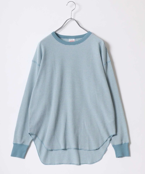 Healthknit（ヘルスニット）の「Healthknit（ヘルスニット）ベーシック ワッフル クルーネック ラウンドヘムロングスリーブTシャツ（1P）/サーマル無地・ボーダーリンガー/ロンT/長袖トップス レディース（Tシャツ/カットソー・レディース・ブラック/ブルー系その他/オフホワイト/ブラック×ホワイト/レッド系その他/カーキブラウン・M）」の15枚目の写真