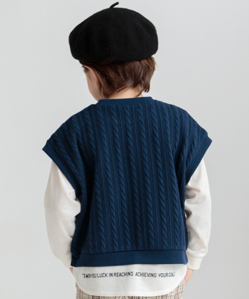ケーブルニットベスト×長袖Tシャツ トップスセット（Tシャツ