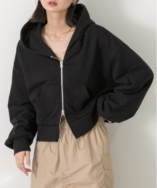 ad thie（アドティエ）の「ダブルジップ  ショートフーディー（パーカー・レディース・レッド/ブラウン/杢グレー/オートミール/チャコール/ネイビー/アイボリー/ブラック・FREE）」の18枚目の写真