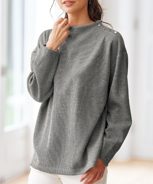 BELLUNA PLUS(ベルーナ)の「ニット見え素材肩ボタンプルオーバー(Tシャツ/カットソー・レディース・ネイビー/コーラルピンク/杢グレー・MEDIUM/LARGE/X-LARGE)」の2枚目の写真