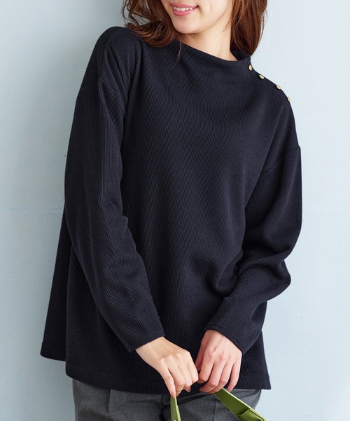 BELLUNA PLUS(ベルーナ)の「ニット見え素材肩ボタンプルオーバー(Tシャツ/カットソー・レディース・ネイビー/コーラルピンク/杢グレー・MEDIUM/LARGE/X-LARGE)」の3枚目の写真