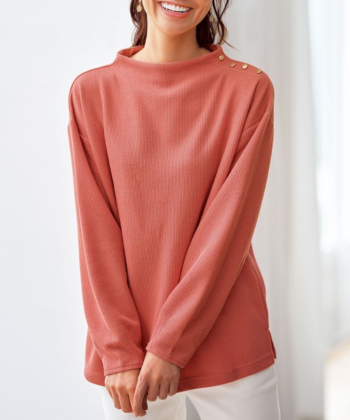 BELLUNA PLUS(ベルーナ)の「ニット見え素材肩ボタンプルオーバー(Tシャツ/カットソー・レディース・ネイビー/コーラルピンク/杢グレー・MEDIUM/LARGE/X-LARGE)」の1枚目の写真