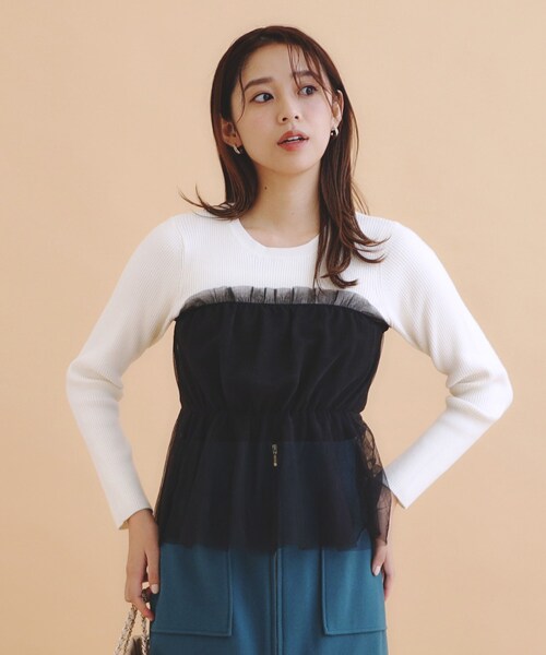 index(インデックス)の「◆チュールレイヤードペプラムニット【洗える】(ニット/セーター・レディース・チャコールグレー/ブルーグリーン/ホワイト系7・36/38/40)」の5枚目の写真