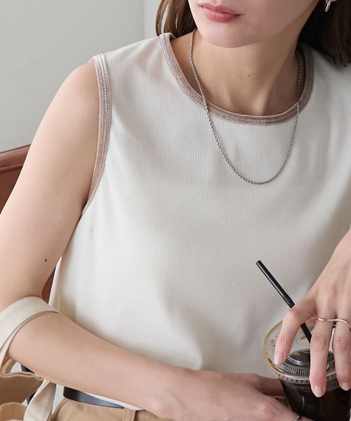 BONLECILL（ボンルシール）の「ベロアパイピングテレコスリーブレスTEE（タンクトップ・レディース・レッド/チャコールグレー/オフホワイト/ベージュ/ネイビー/ブラック・FREE）」の2枚目の写真