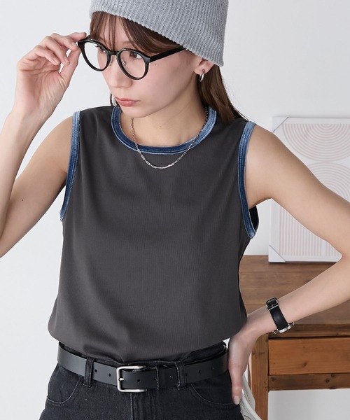 BONLECILL（ボンルシール）の「ベロアパイピングテレコスリーブレスTEE（タンクトップ・レディース・レッド/チャコールグレー/オフホワイト/ベージュ/ネイビー/ブラック・FREE）」の4枚目の写真