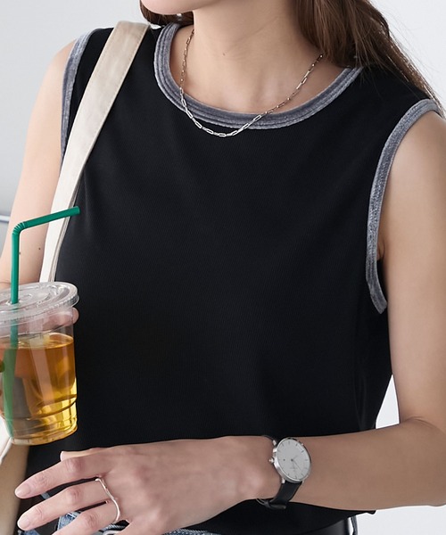 BONLECILL（ボンルシール）の「ベロアパイピングテレコスリーブレスTEE（タンクトップ・レディース・レッド/チャコールグレー/オフホワイト/ベージュ/ネイビー/ブラック・FREE）」の3枚目の写真