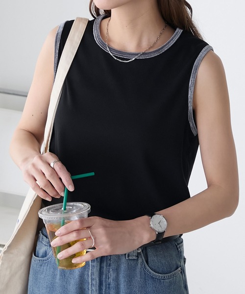 BONLECILL（ボンルシール）の「ベロアパイピングテレコスリーブレスTEE（タンクトップ・レディース・レッド/チャコールグレー/オフホワイト/ベージュ/ネイビー/ブラック・FREE）」の19枚目の写真