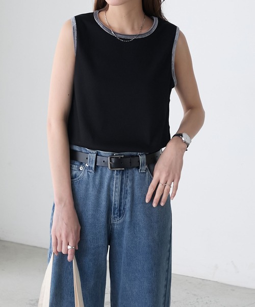 BONLECILL（ボンルシール）の「ベロアパイピングテレコスリーブレスTEE（タンクトップ・レディース・レッド/チャコールグレー/オフホワイト/ベージュ/ネイビー/ブラック・FREE）」の20枚目の写真