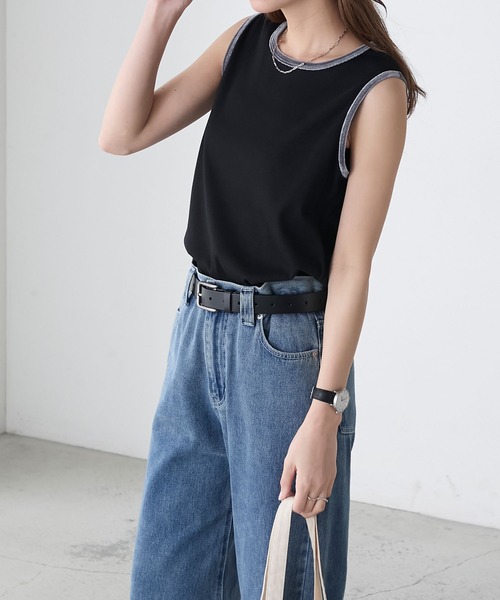 BONLECILL（ボンルシール）の「ベロアパイピングテレコスリーブレスTEE（タンクトップ・レディース・レッド/チャコールグレー/オフホワイト/ベージュ/ネイビー/ブラック・FREE）」の21枚目の写真