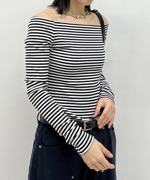 mebole(メボレ)の「ボーダーオフショルトップス(Tシャツ/カットソー・レディース・ブラック/グレー・FREE)」の13枚目の写真