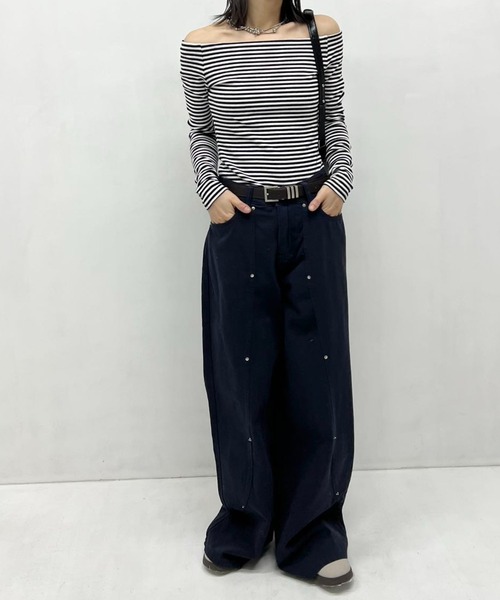 mebole(メボレ)の「ボーダーオフショルトップス(Tシャツ/カットソー・レディース・ブラック/グレー・FREE)」の21枚目の写真