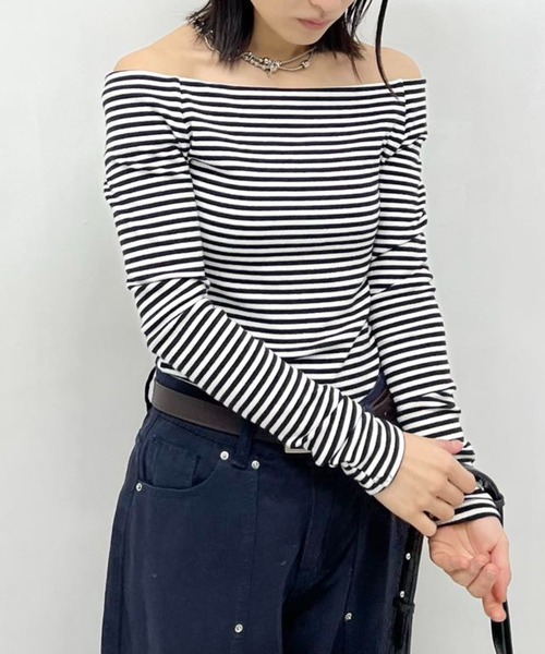 mebole(メボレ)の「ボーダーオフショルトップス(Tシャツ/カットソー・レディース・ブラック/グレー・FREE)」の17枚目の写真