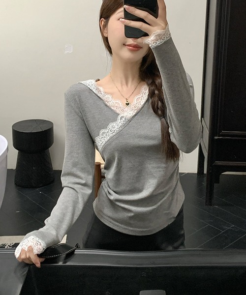 MEMECLE(メメクル)の「【 MEMECLE / メメクル 】レース フード付き 長袖 Tシャツ(Tシャツ/カットソー・レディース・グレー/ホワイト・S/L/M)」の1枚目の写真